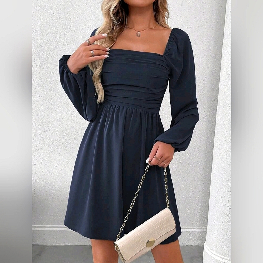 New Chic Ruched Square Neck Lantern Sleeve Short Dress Navy Blue